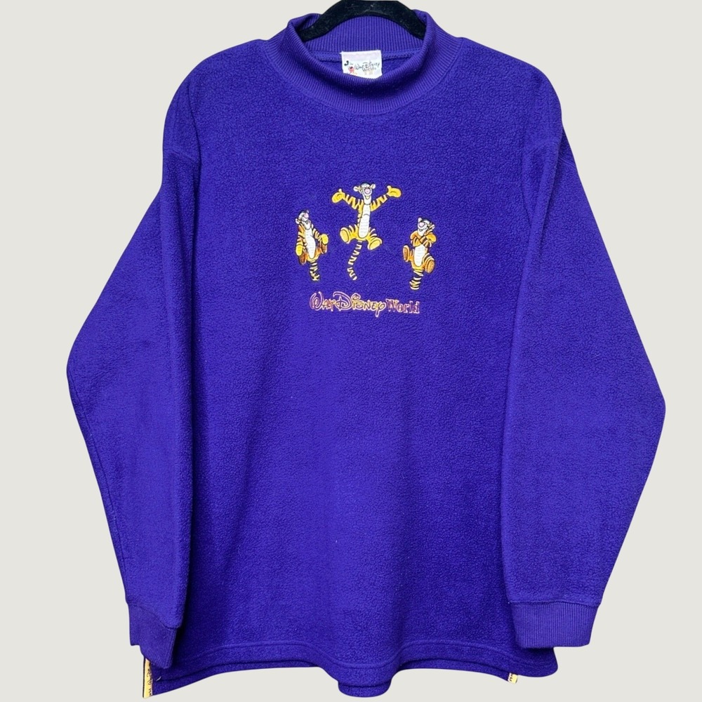 Vintage Walt Disney World Tigger Purple Fleece Mock Neck Pullover Mens Large